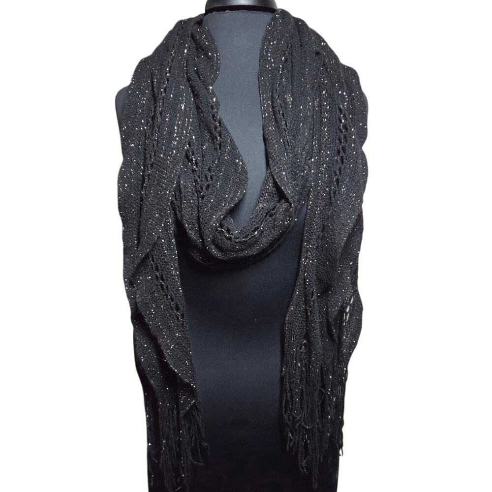 Black Crochet Ruffle Scarf Metallic Gold Knit